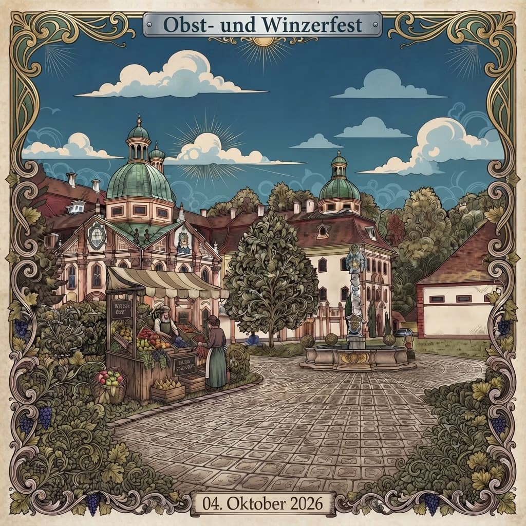 Stilisierte Zeichnung eines Marktplatzes mit Händlern vor einem historischen Schloss am 4. Oktober 2026.