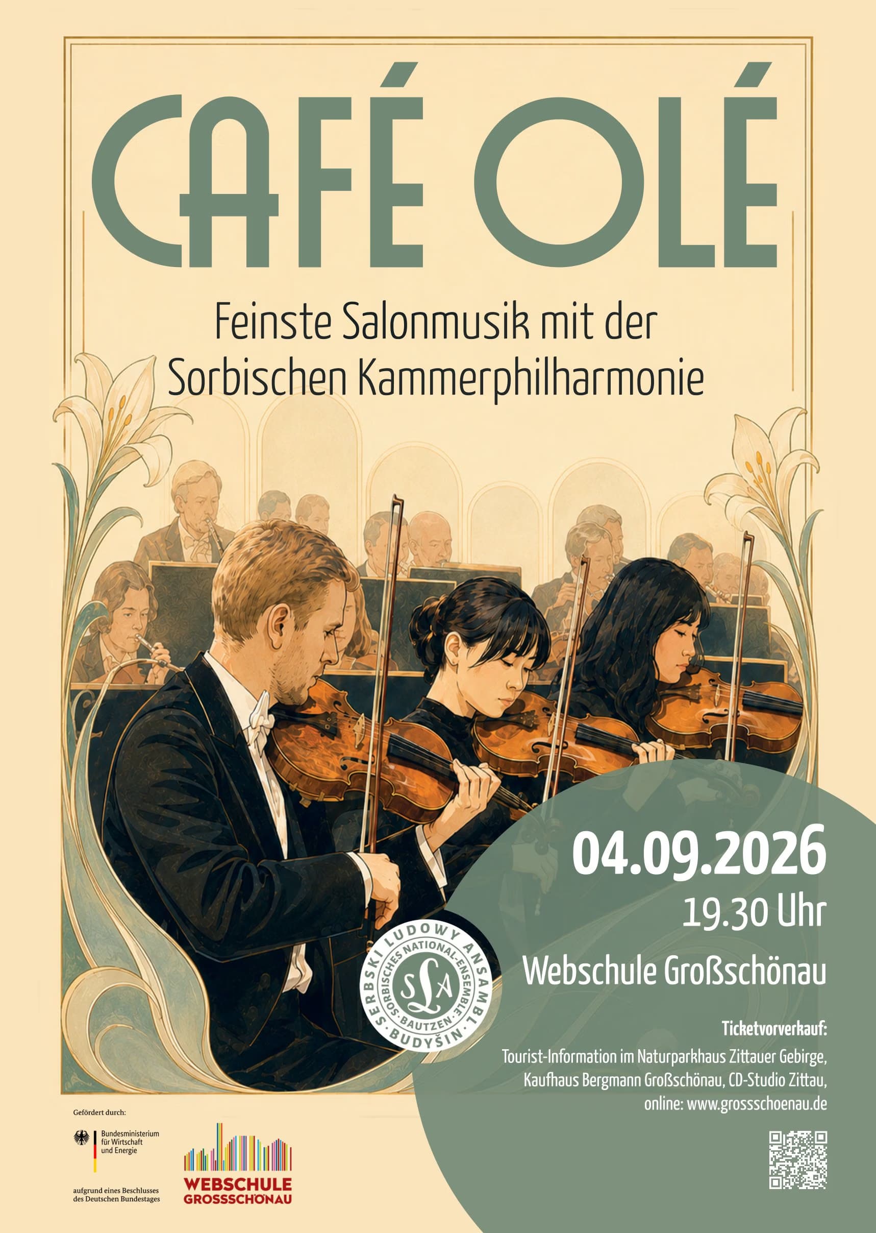 Classical musicians in formal wear play string instruments in a concert hall setting.
