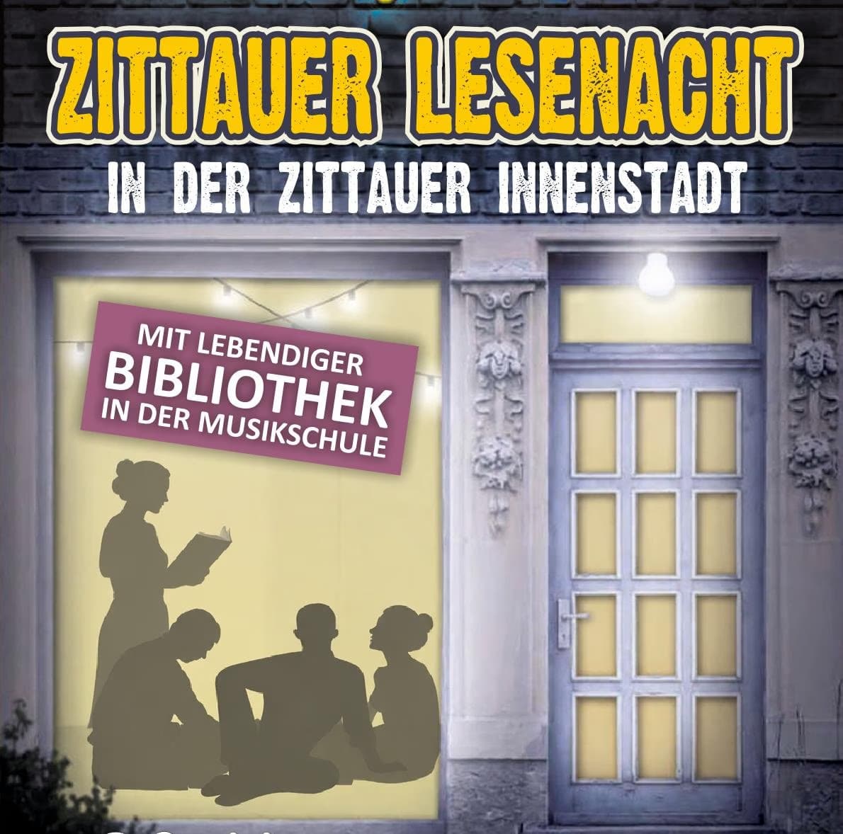 Event poster for Zittauer Lesenacht showing silhouettes of people reading in a lit room.