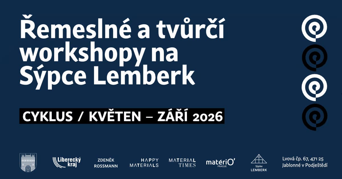 Blue promotional banner for craft and creative workshops at Sýpka Lemberk from May to September 2026.