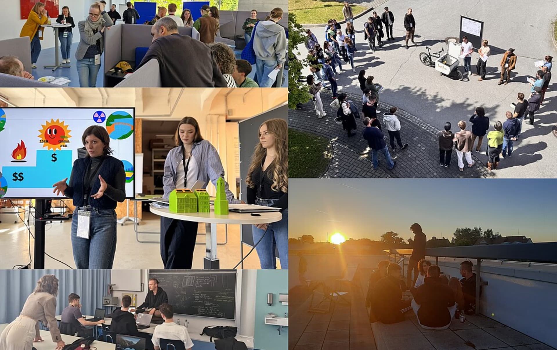 A collage showing students participating in indoor workshops and an outdoor group event.
