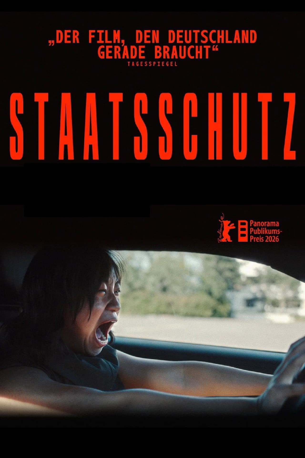 Eine schreiende Frau fährt Auto auf einem dramatischen Filmplakat für Staatsschutz.