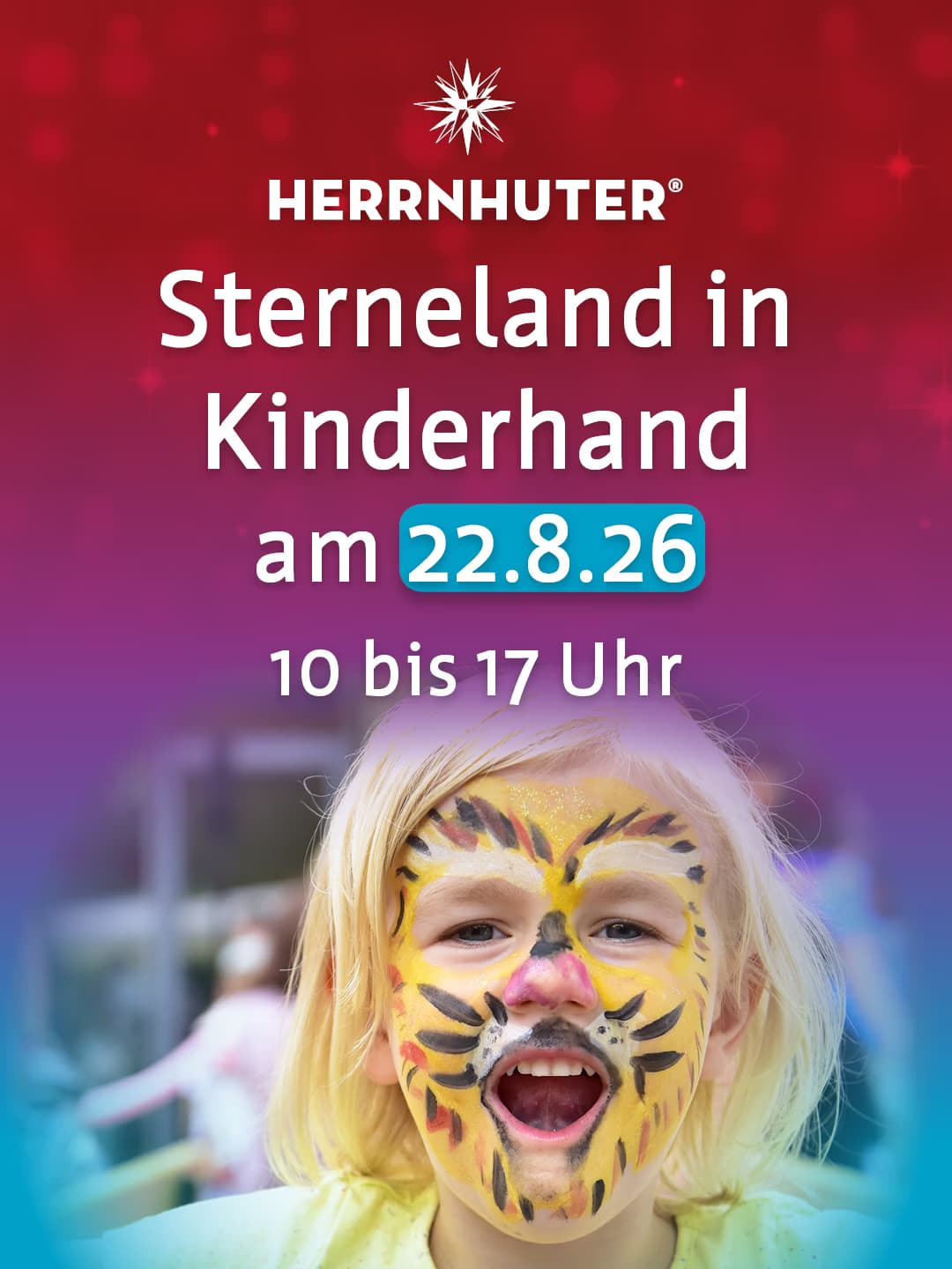 A child with tiger face paint is featured on a promotional event flyer with text.