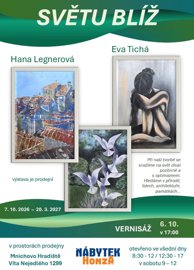 Exhibition poster showing three framed paintings by Hana Legnerová and Eva Tichá with event details.