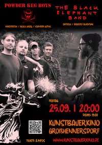 Plakat koncertowy zespołów Powder Keg Boys i The Black Elephant Band ze szczegółami wydarzenia.