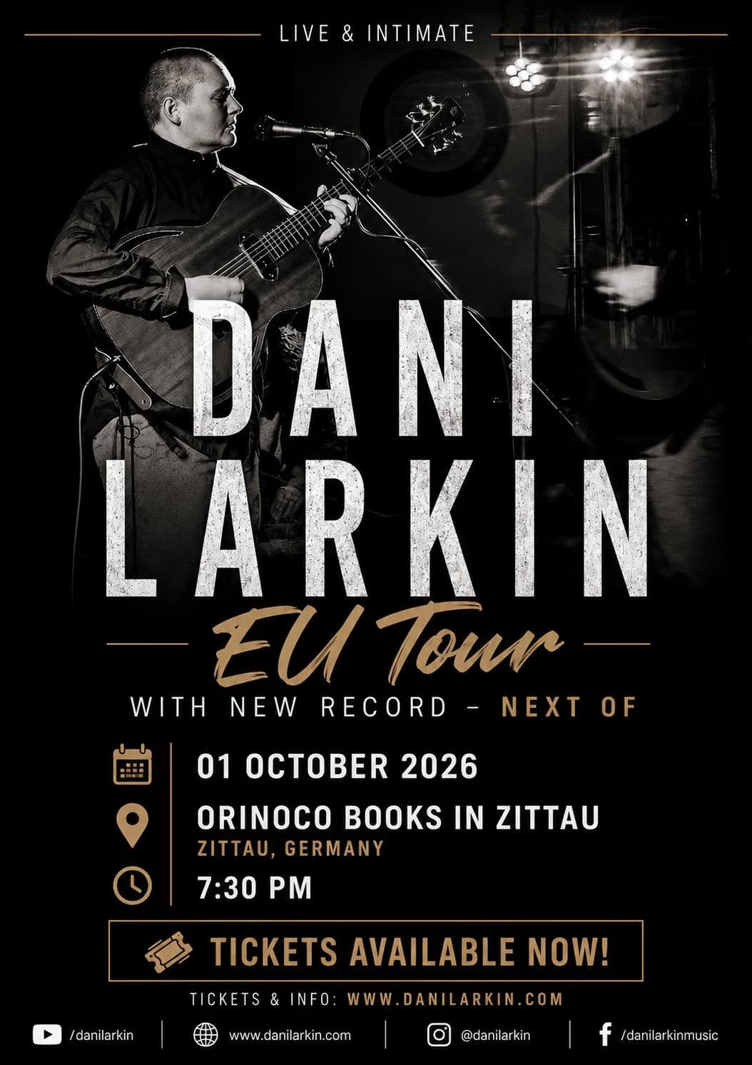 A musician plays acoustic guitar on a dark stage for a promotional tour concert poster.