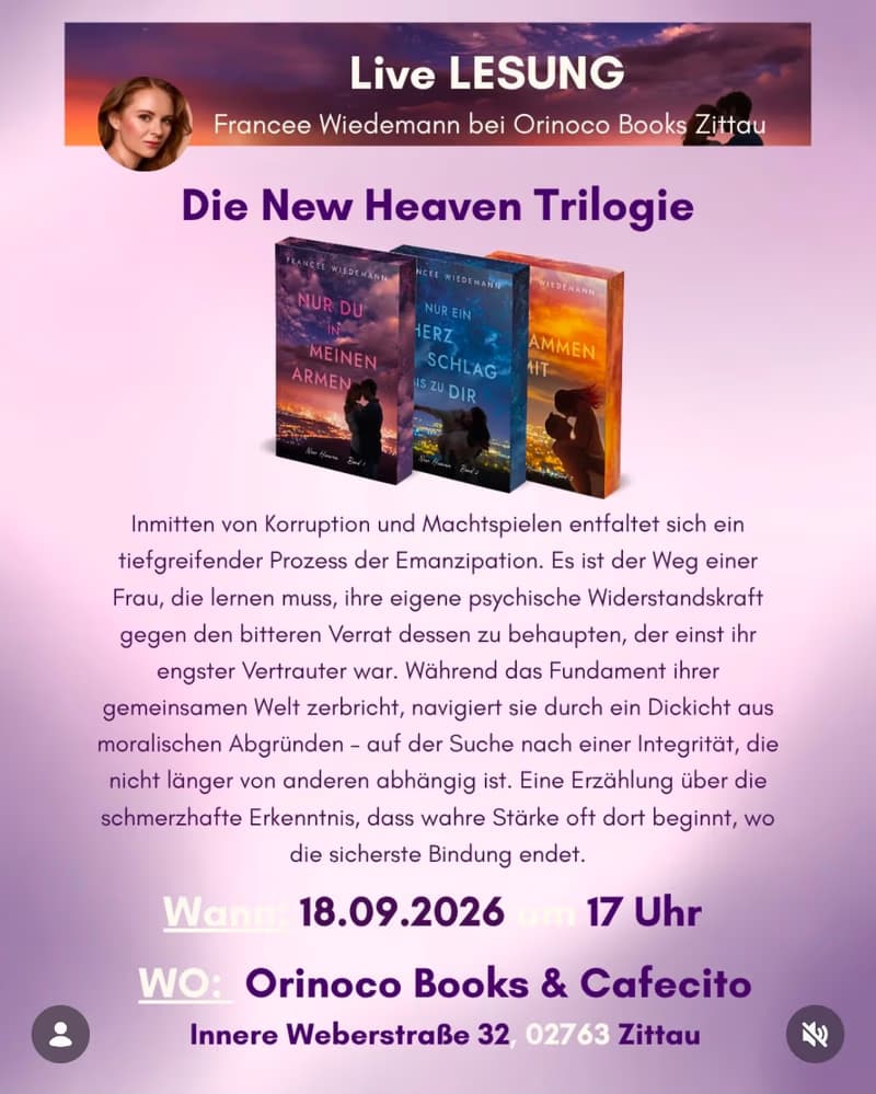 Live reading with Francee Wiedemann: „Nur ein Herzschlag bis zu dir“