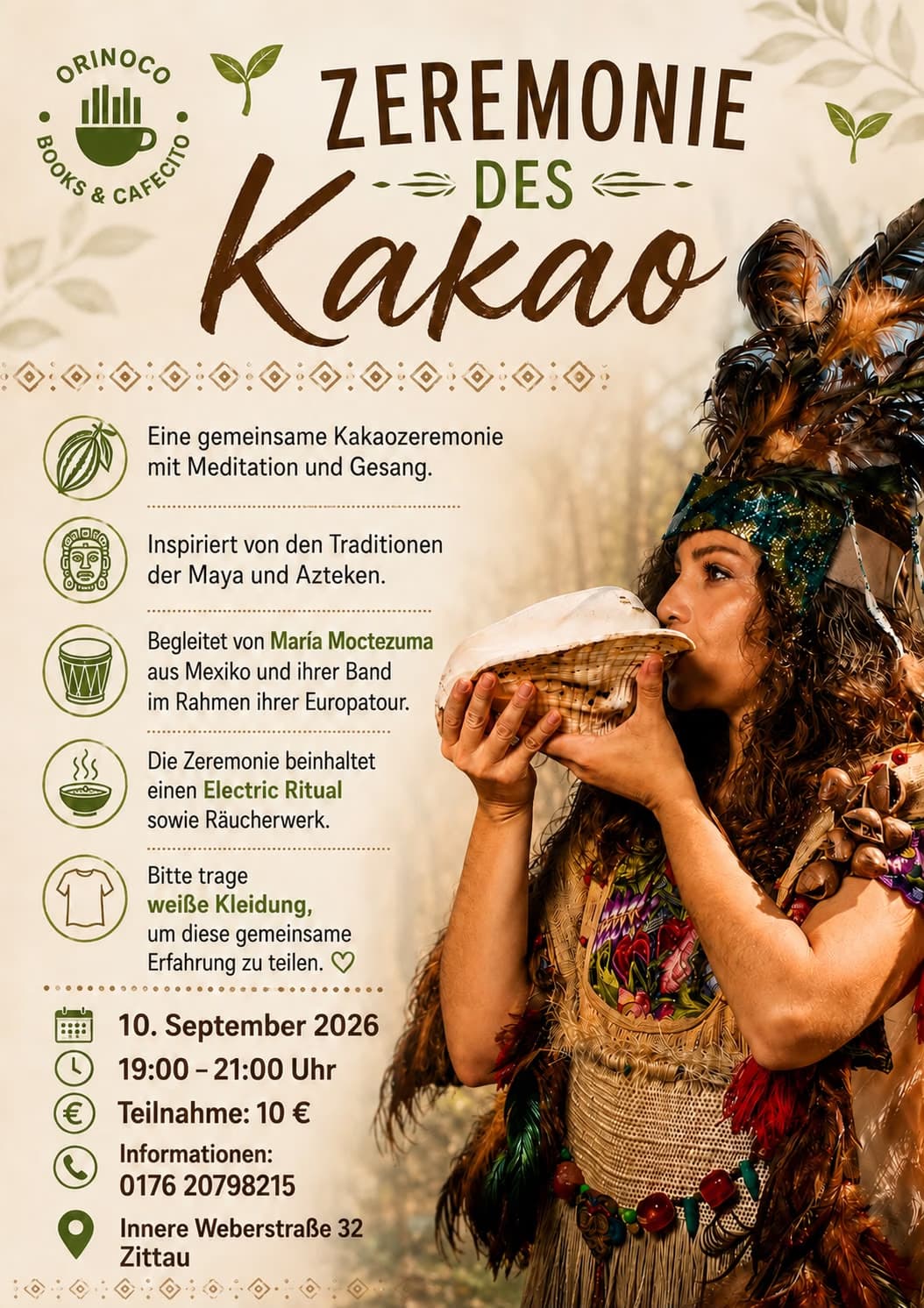 Poster for a cacao ceremony with meditation and singing, featuring an indigenous performer with a conch shell.