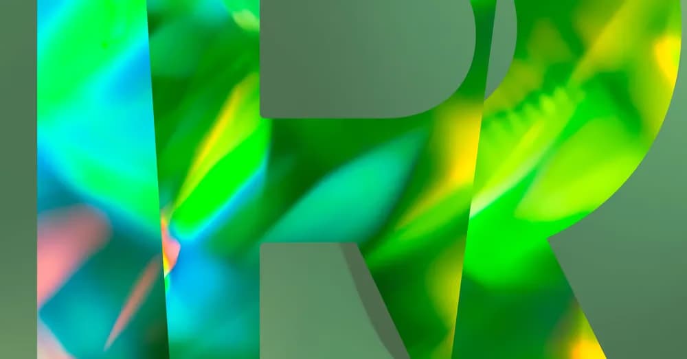 Two large stylized letter Rs are overlaid on a bright abstract background of green and blue light.