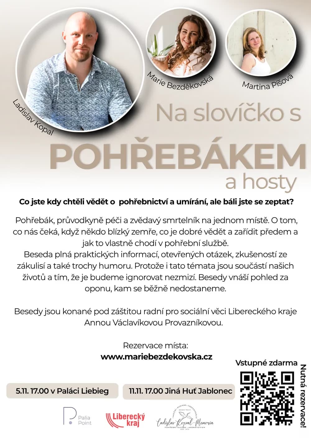 Ulotka promująca wydarzenie na temat usług pogrzebowych z trzema mówcami i szczegółami spotkania.