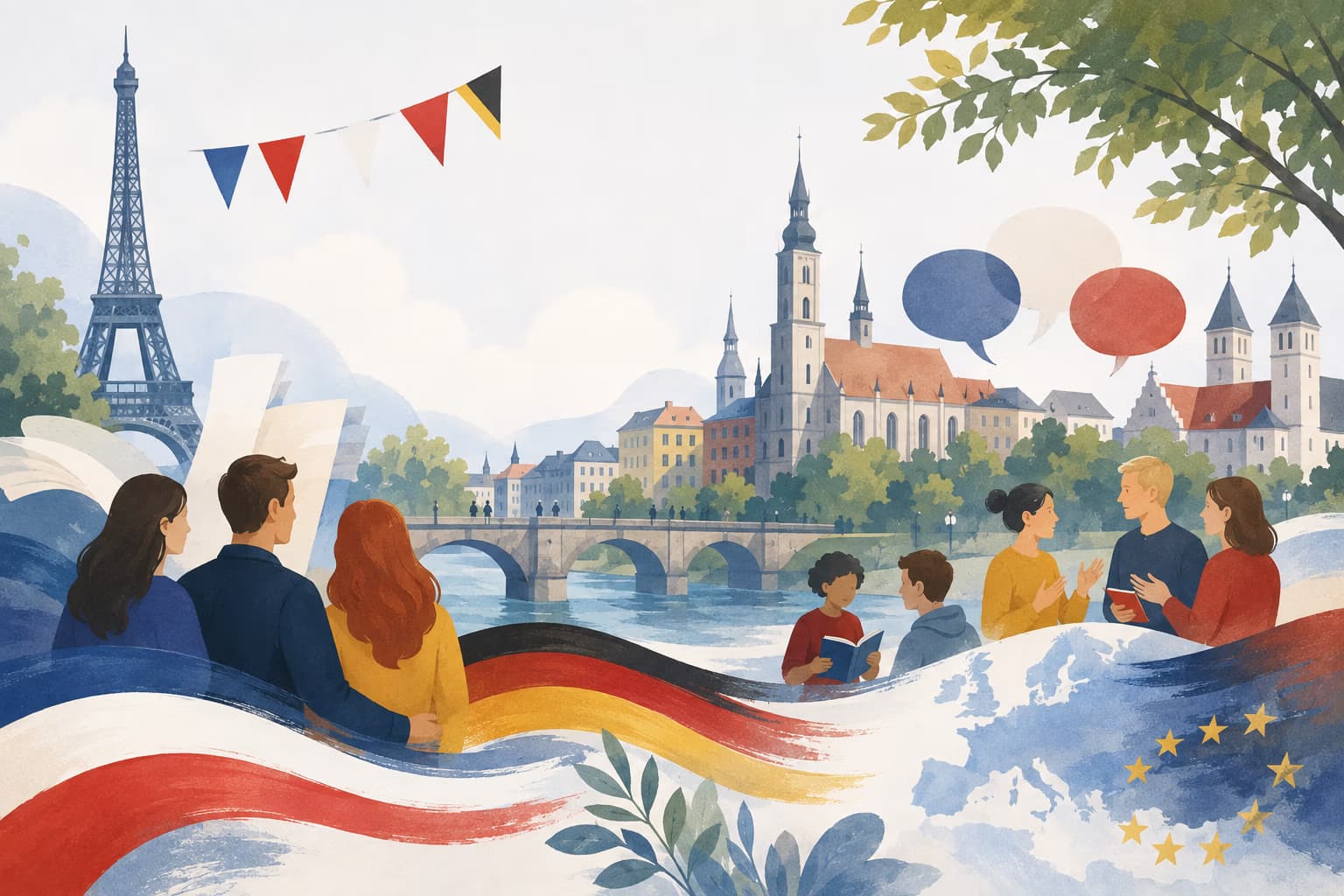 Ilustracja akwarelowa przedstawiająca ludzi na tle europejskich miast z flagami i dymkami dialogowymi.
