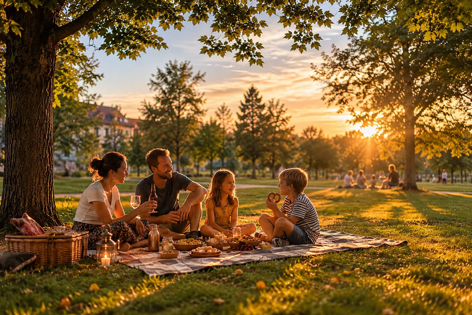 A family enjoying a picnic on a blanket in a park at sunset.