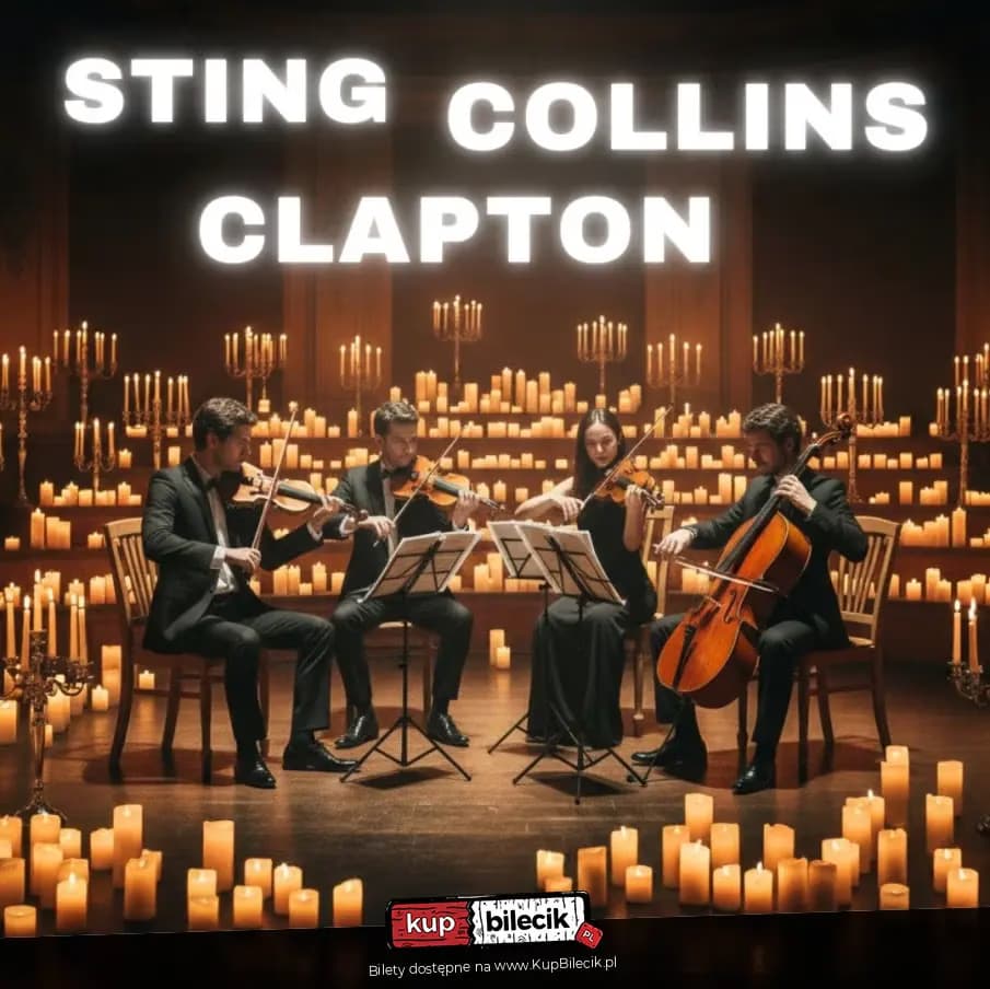 String quartet performs on stage surrounded by numerous lit candles in a dark hall.