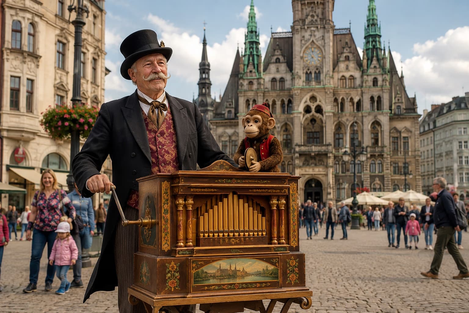 A street organ player in a top hat performs in a sunny town square with a historic building behind.