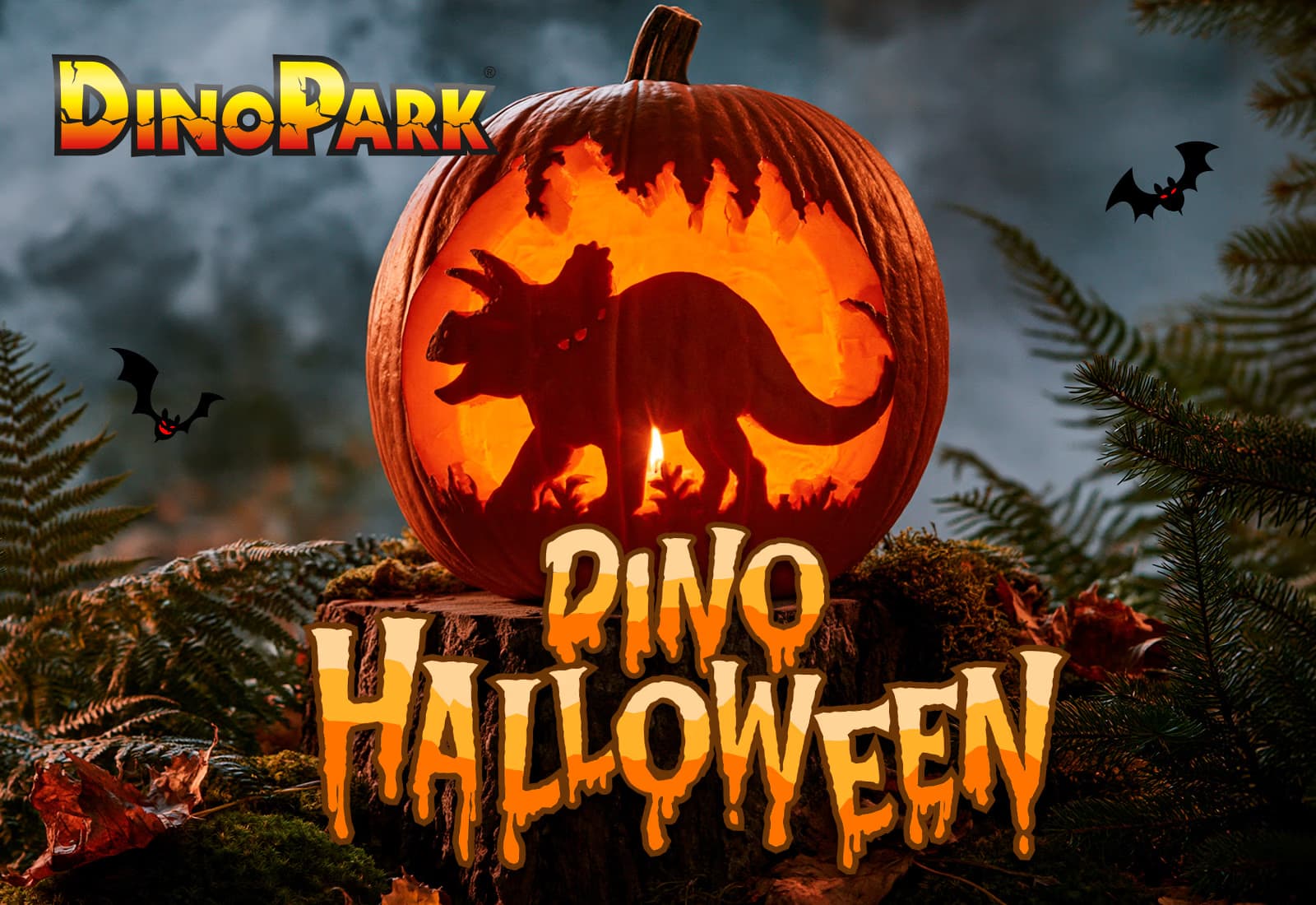 A glowing pumpkin with a carved dinosaur silhouette sits in a forest during Halloween.
