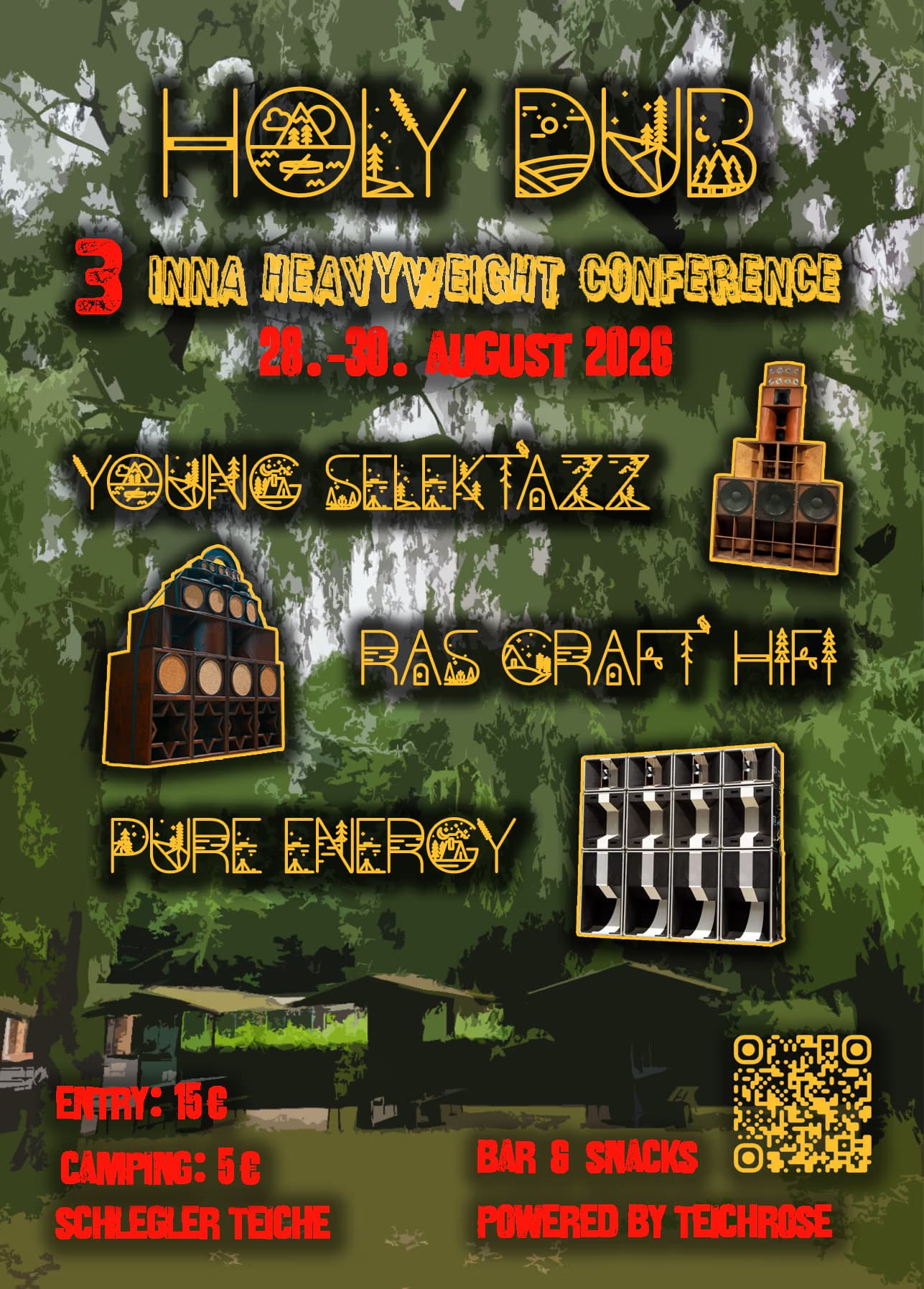 Event poster for Holy Dub 3 festival with speaker system illustrations over a forest background.
