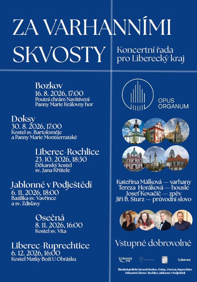Blue poster listing organ concert series dates and locations across the Liberec region.