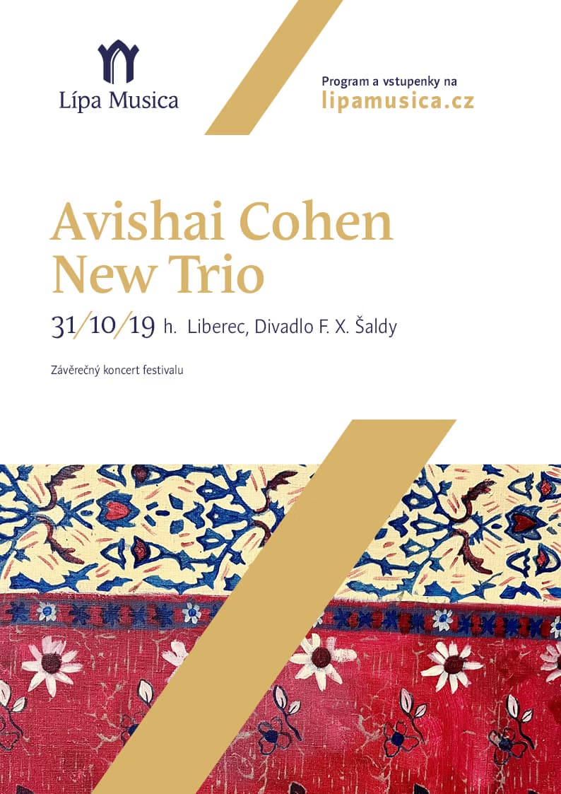 Concert poster for Avishai Cohen New Trio at Liberec Divadlo F. X. Saldy, featuring floral patterns.