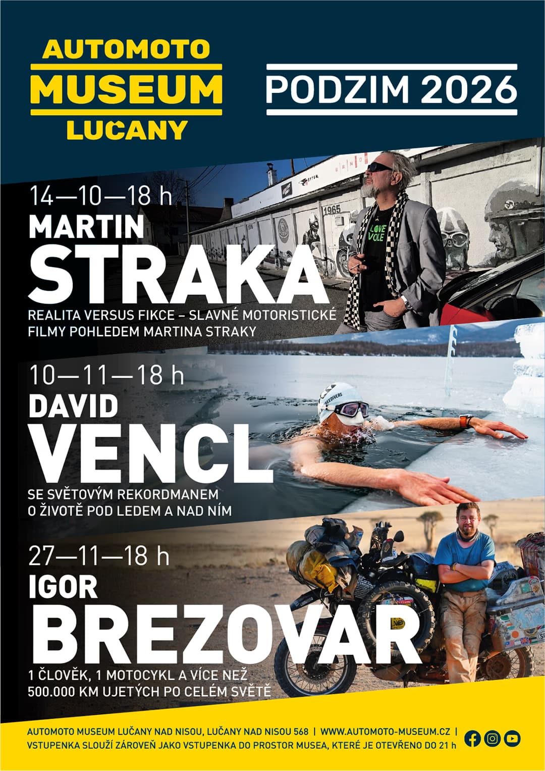 Event poster for Automoto Museum Lucany listing three evening talks in Autumn 2026.