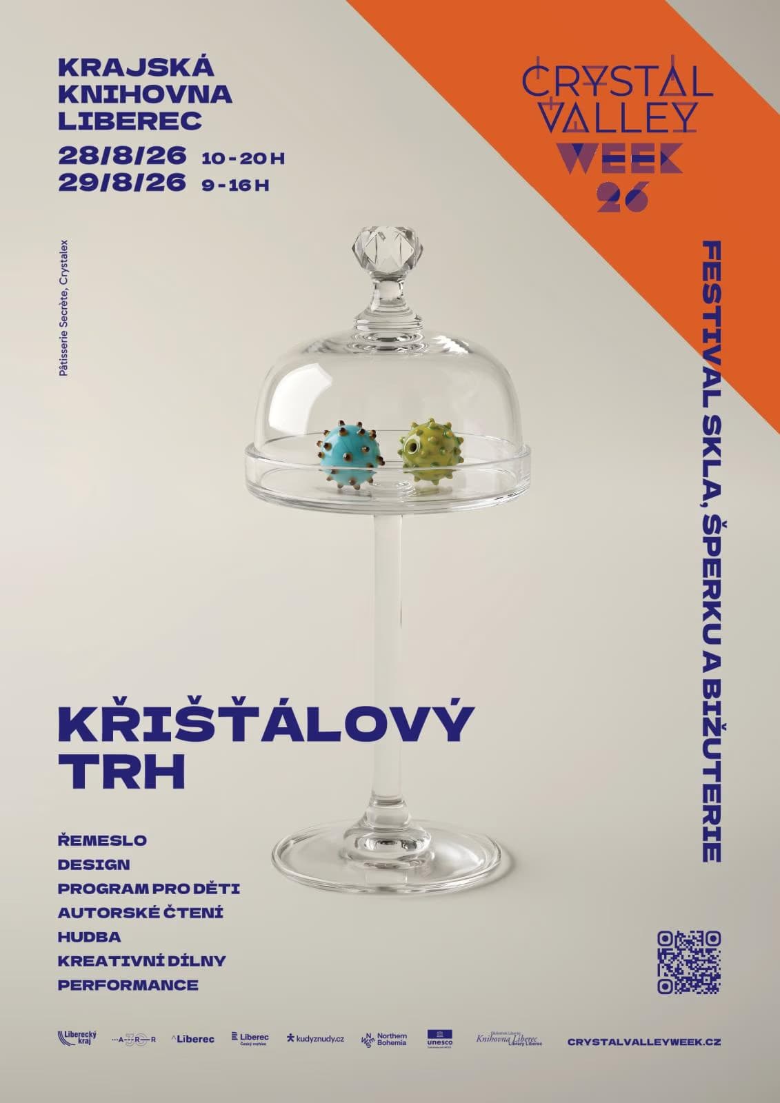 A glass serving cloche stands centrally on a light background, promoting the Crystal Valley Week festival.