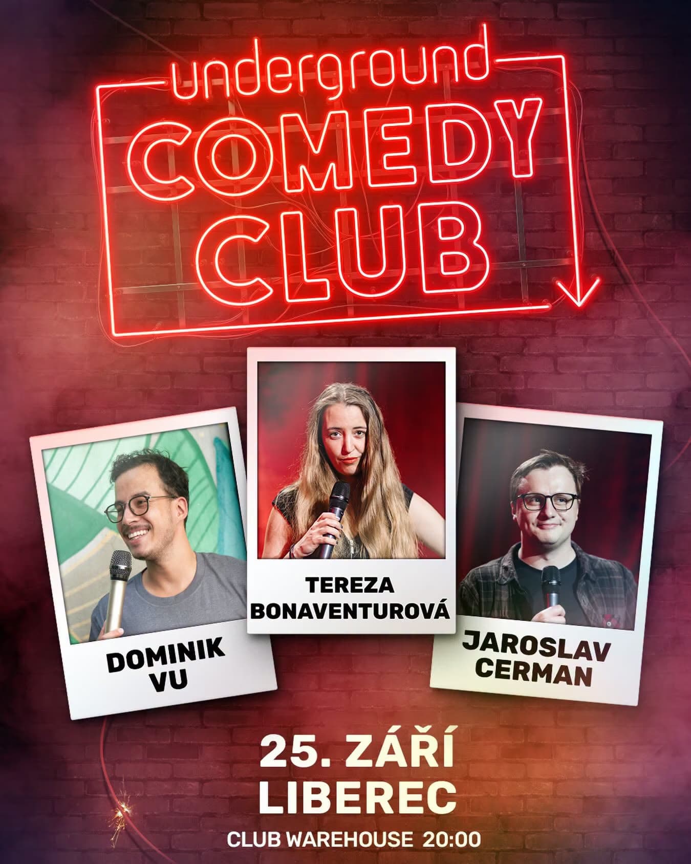 Neon Underground Comedy Club sign above three portraits of stand-up comedians on a brick background.