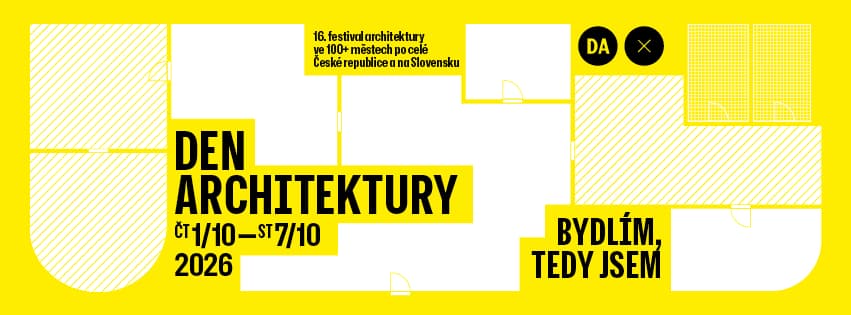 Yellow graphic poster for Den Architektury festival featuring text about architecture events.