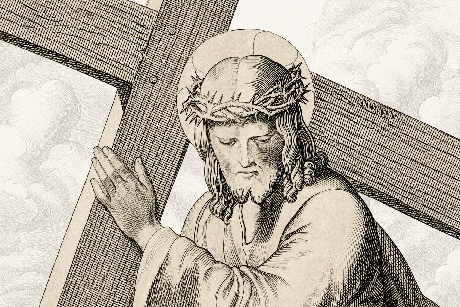 Line drawing of Jesus wearing a crown of thorns and carrying a wooden cross on his shoulder.