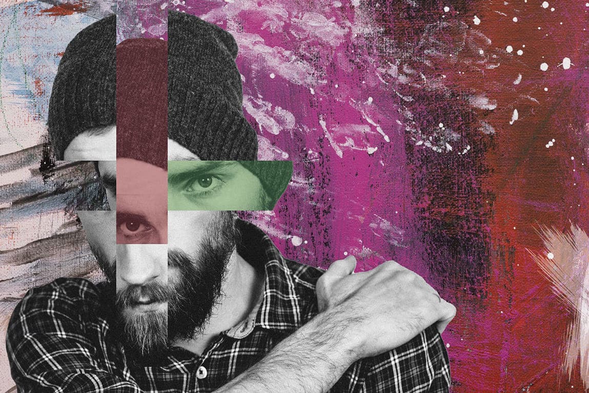 Fragmentaryczny portret brodatego mężczyzny w czapce na teksturowanym, fioletowym malowanym tle.