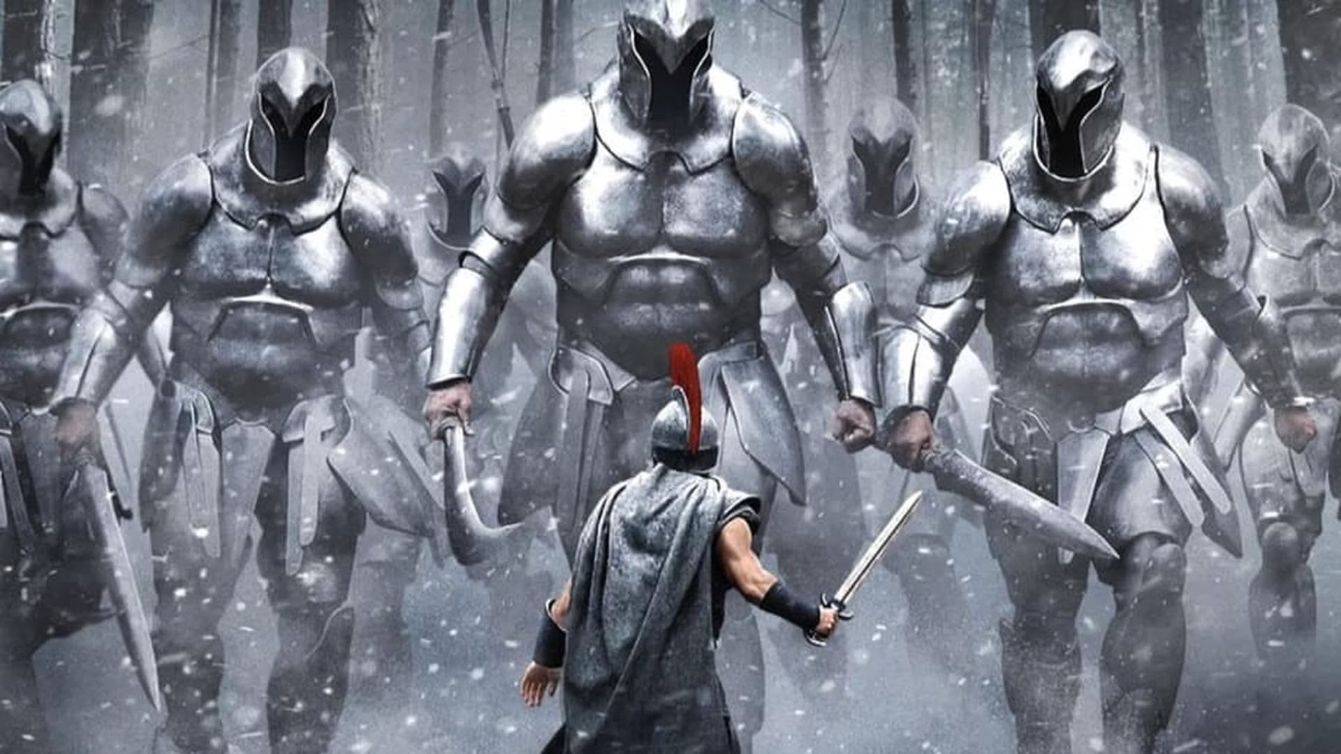 A lone warrior faces a line of giant armored soldiers in a snowy forest.