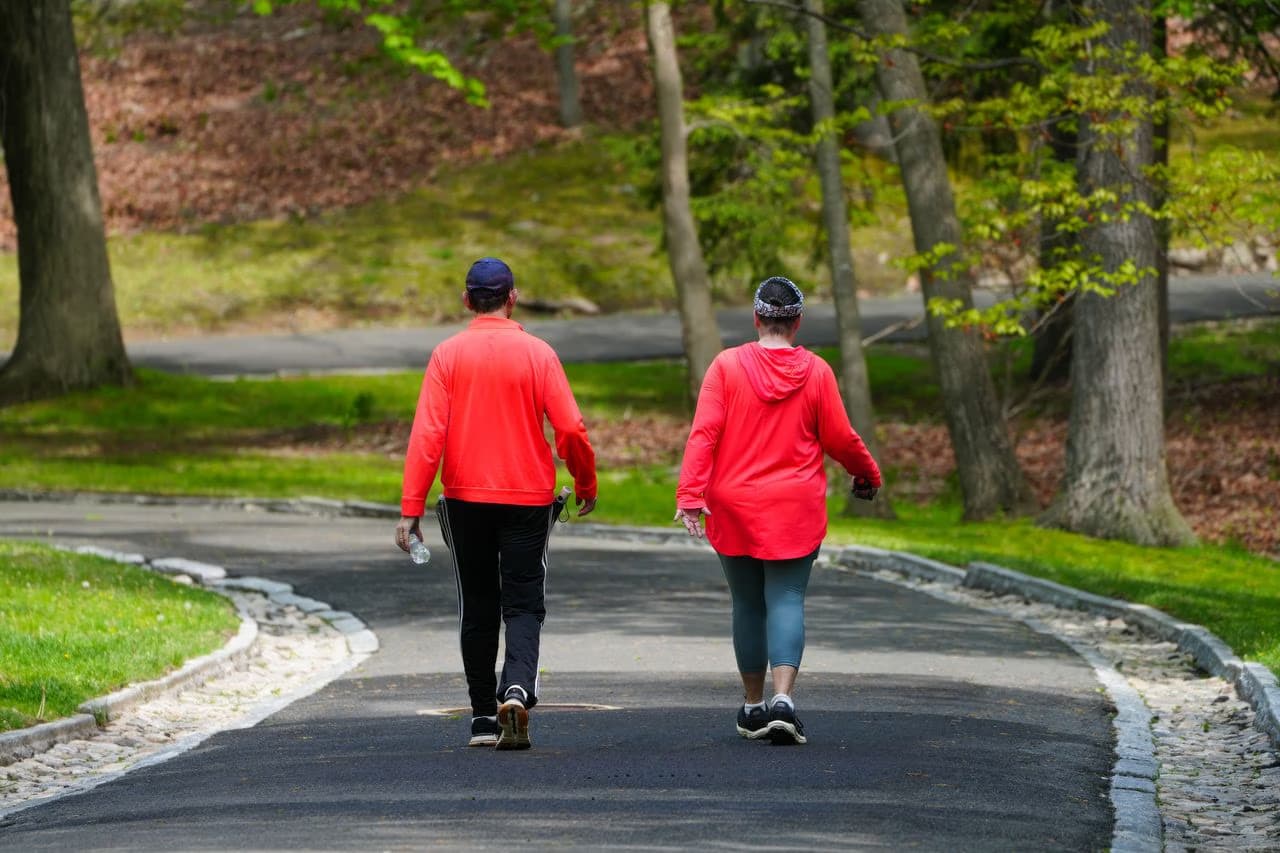 A couple walks away along a winding path through a sunny, tree-filled park.