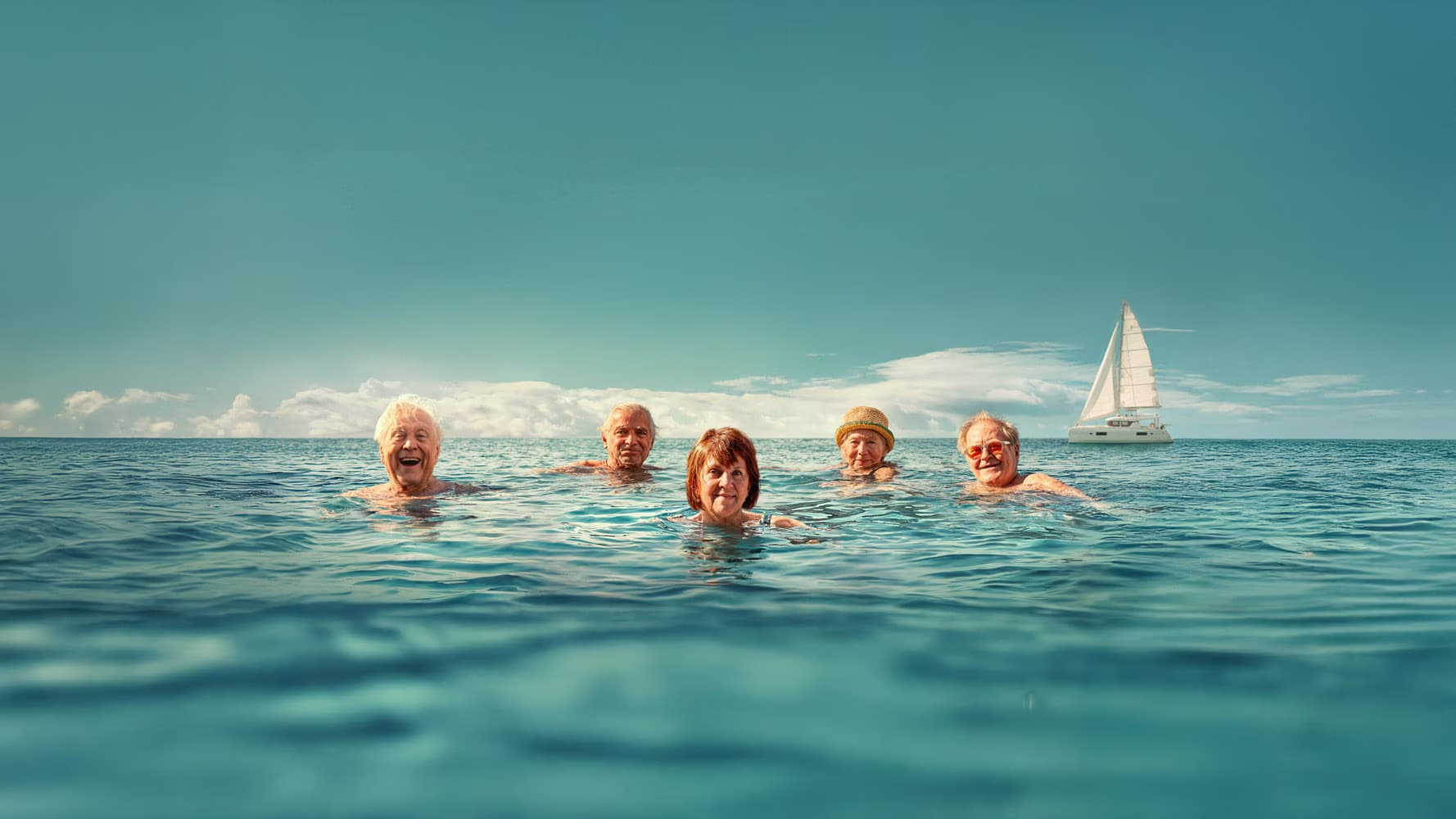 Five people swim in the calm sea with a distant sailboat on the horizon.