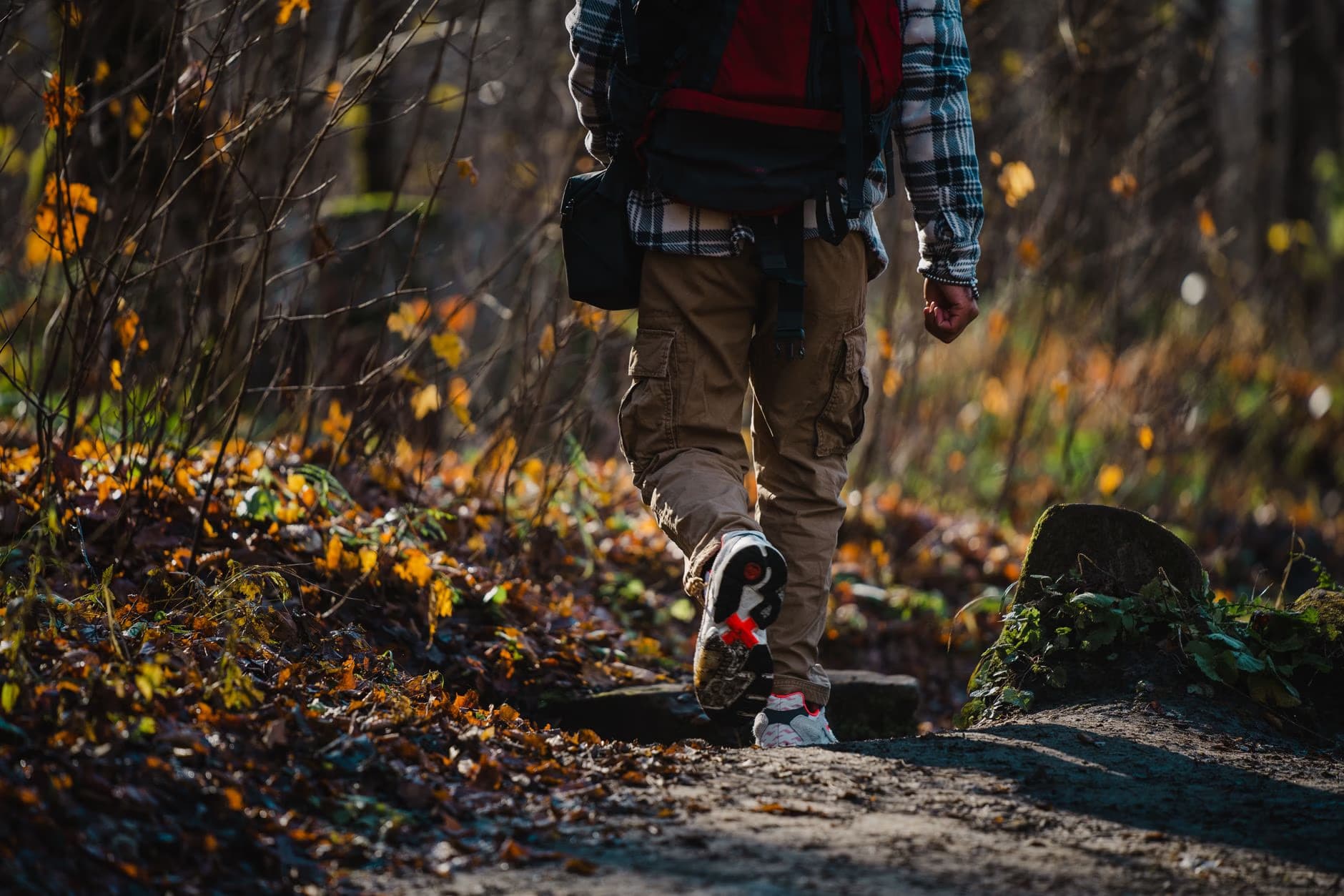 A hiker wearing cargo pants and a flannel shirt walks on a forest trail covered in autumn leaves.