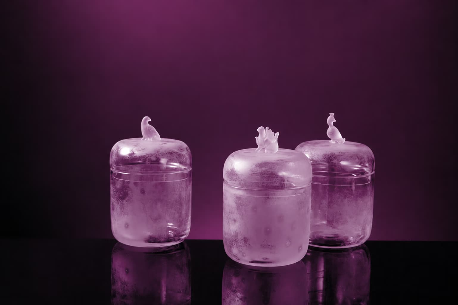 Three glass jars with bird-shaped lids stand against a dark purple background.