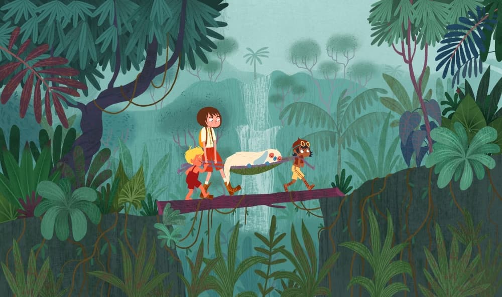 Three children carry a white creature on a makeshift stretcher across a jungle log bridge.